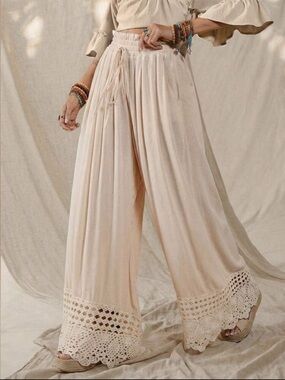 Boho Lace Crochet Hem Wide Leg Pants New